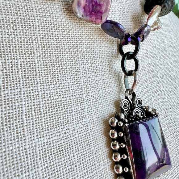 Purple Agate pendant sterling silver necklace African trade brass beads abalone - Picture 7 of 10